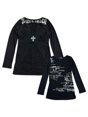Japanese Brand Punk Distressed Web Cut Out Graphic Longsleeve Top